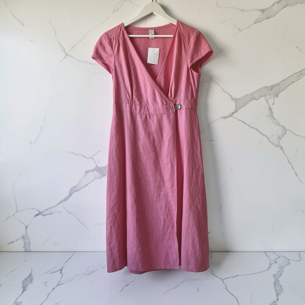 Garnet Hill 100% Linen Sheath Wrap-Style Midi Dress Pink Size 10 Summer Vacation